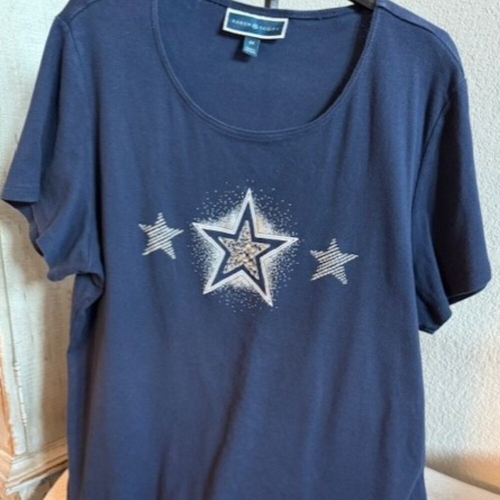 WOMEN’S KNIT SS SHIRT, SCOOP NECK, Dark Blue with STAR embellishments 2X